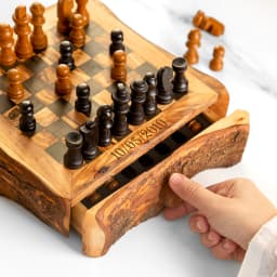 image-Handmade Olive Wood Chess Set with One Large Rustic Drawer