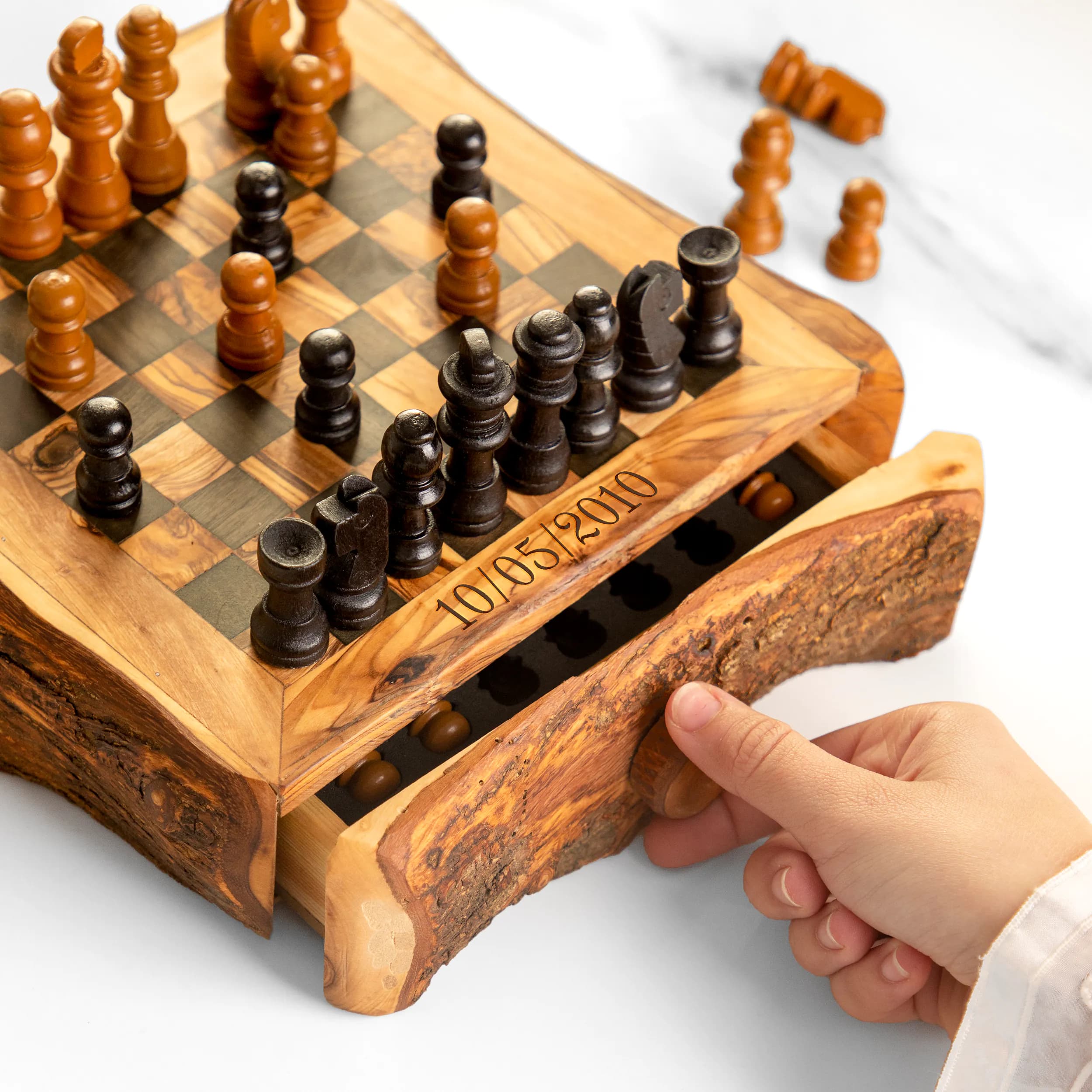 image-Handmade Olive Wood Chess Set with One Large Rustic Drawer
