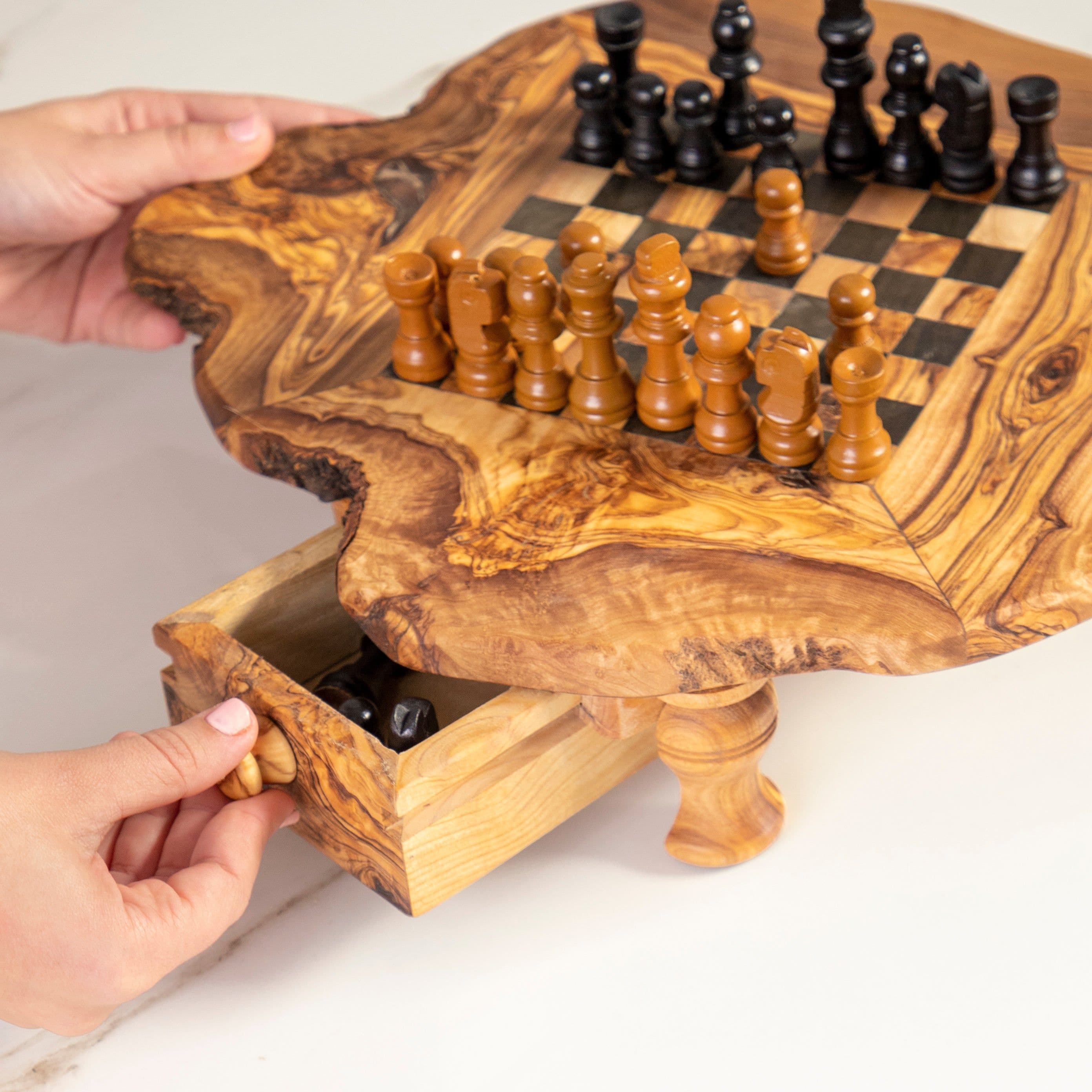 image-Handcrafted Olive Wood Chess Set with Drawers and Legs for Home Decor