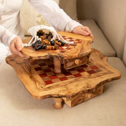 image-Handcrafted Olive Wood Chess Set with Drawers and Legs and Red Squares