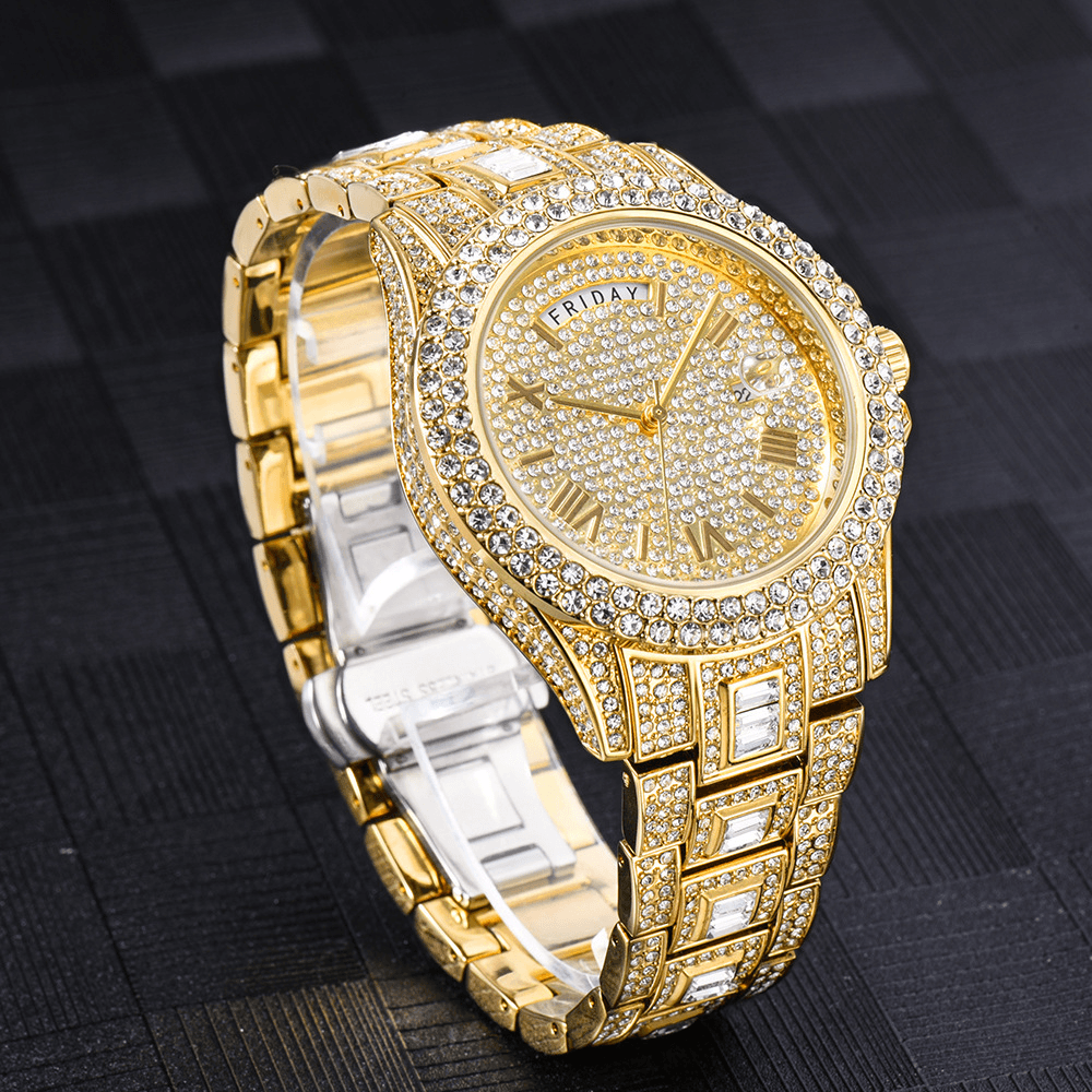 image-Dual Calendar Quartz Watches Luxury Full Diamond Watches For Men