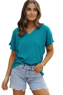 image-Blue Sapphire Crinkled V Neck T-shirt - Women's Fashion