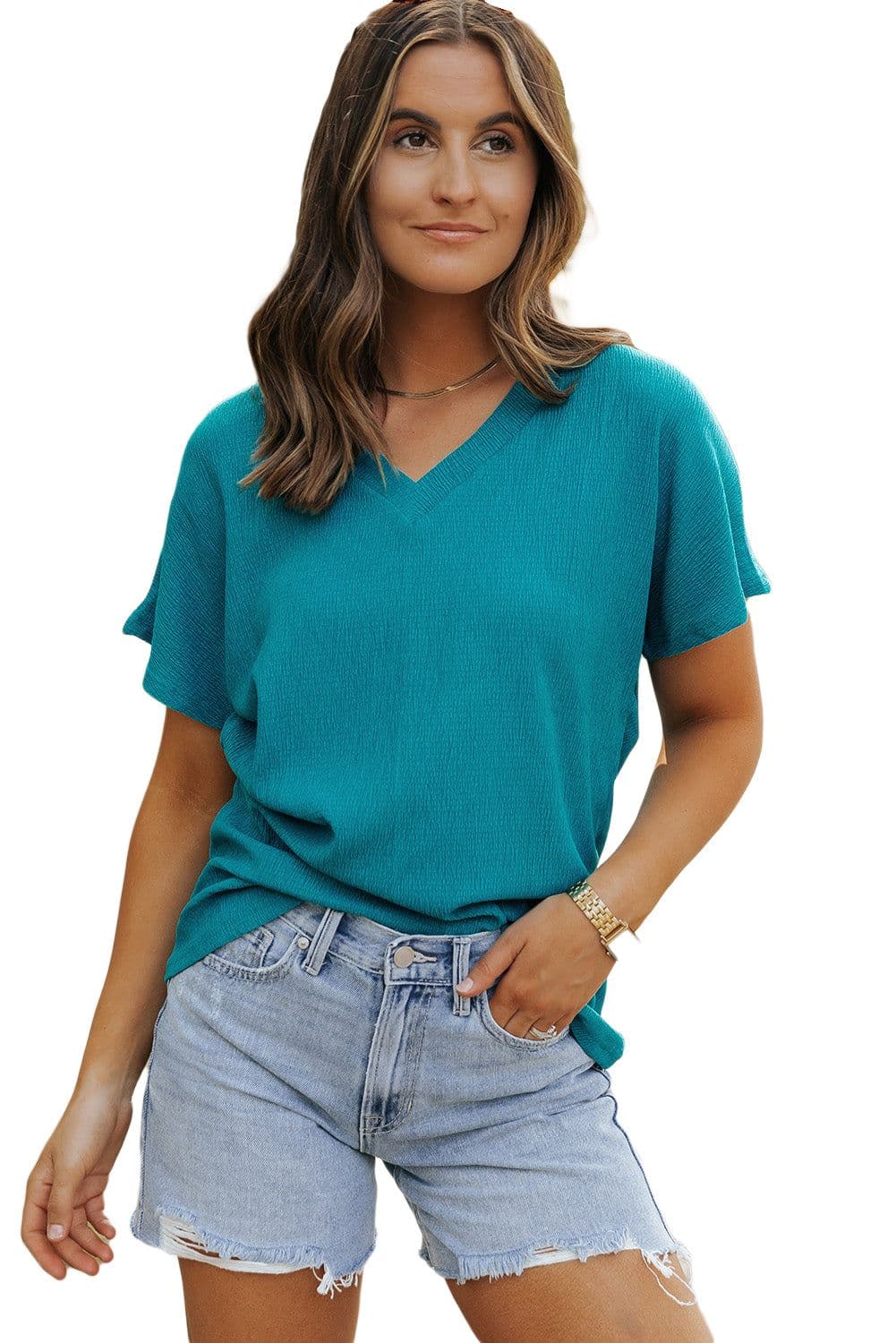 image-Blue Sapphire Crinkled V Neck T-shirt - Women's Fashion