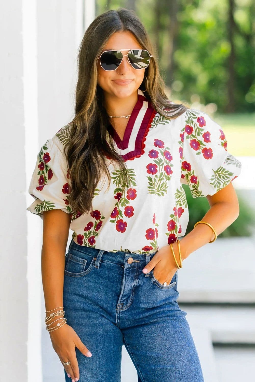 image-White Floral Blouse - Short Puff Sleeve Contrast