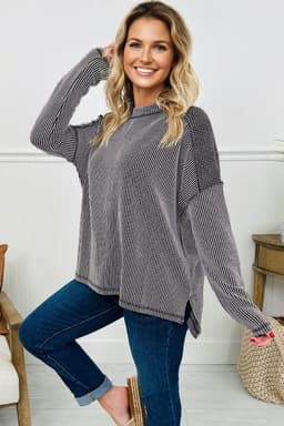 image-Black Twist Ribbed Long Sleeve Top - Exposed Seam