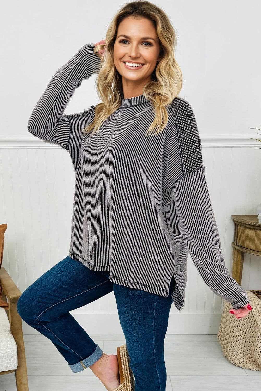 image-Black Twist Ribbed Long Sleeve Top - Exposed Seam