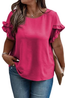 image-Bright Pink Ruffled Short Sleeve Plus Size Top