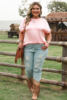 image-Pink Metallic Gloss Short Batwing Sleeve Plus Size Top