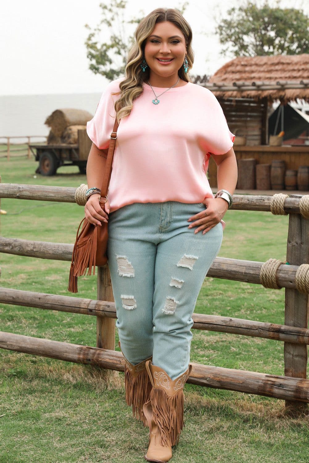 image-Pink Metallic Gloss Short Batwing Sleeve Plus Size Top