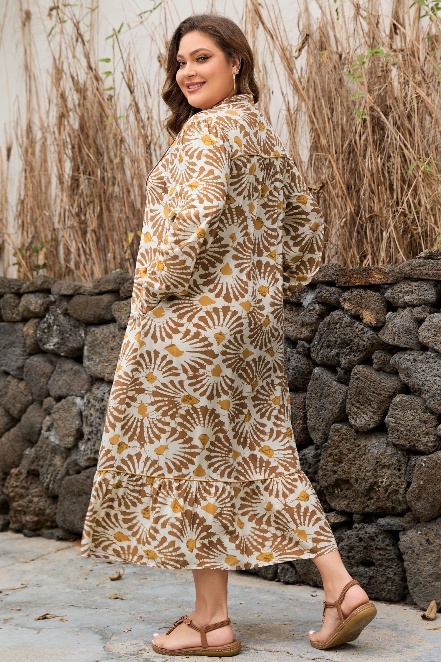 image-Khaki Abstract Plant Print Plus Size Maxi Dress