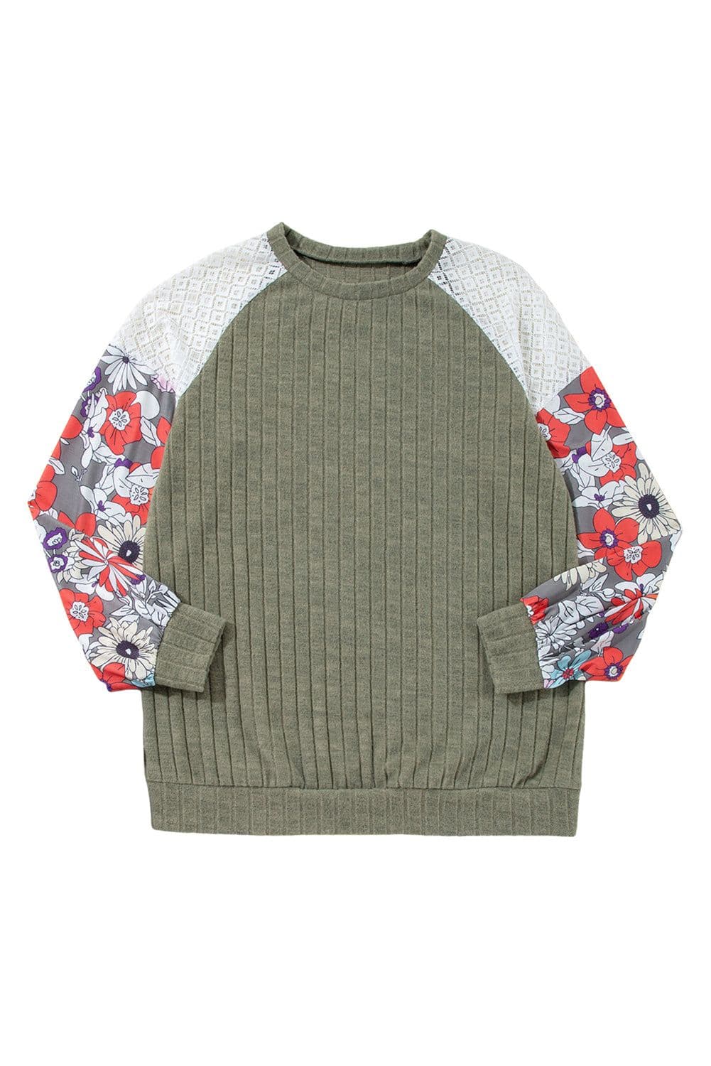 image-Laurel Green Floral Patchwork Long Sleeve Ribbed Blouse