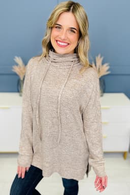 image-Apricot Drawstring Cowl Neck Long Sleeve Split Top