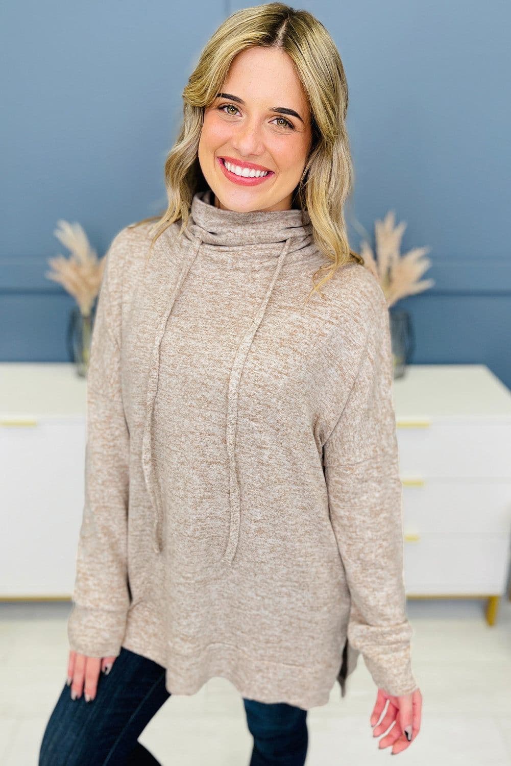 image-Apricot Drawstring Cowl Neck Long Sleeve Split Top