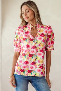 image-Pink Floral Blouse - Frilled V Neck Puff Sleeve