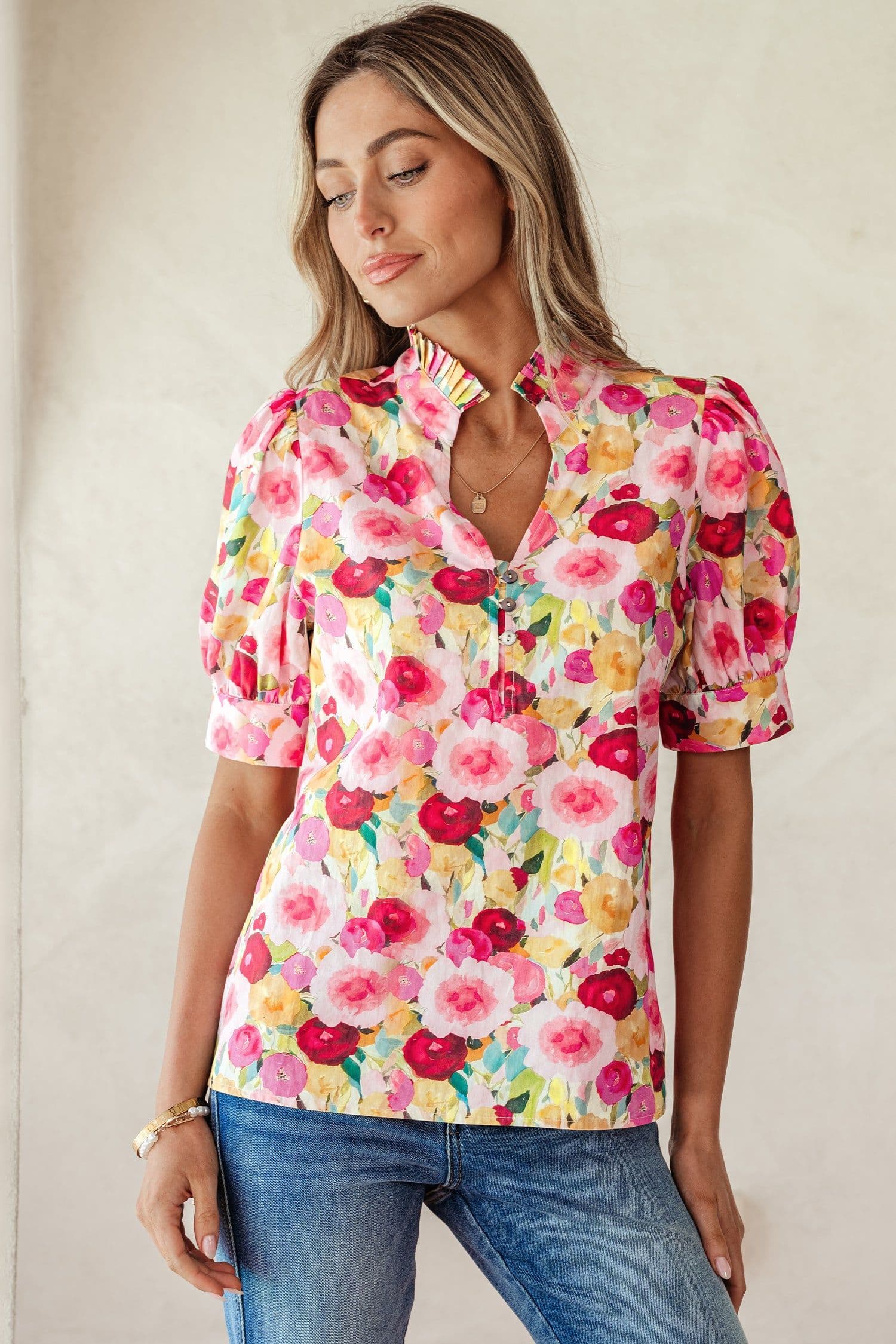 image-Pink Floral Blouse - Frilled V Neck Puff Sleeve