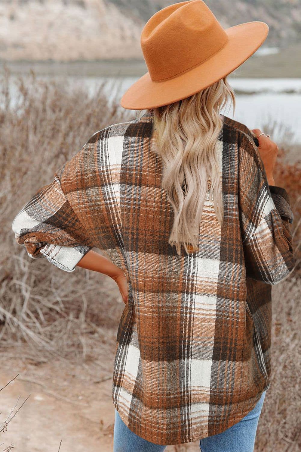 image-Shacket with Pink/Black Plaid Flap Pockets - Chic Style, Loose Fit (65 characters)