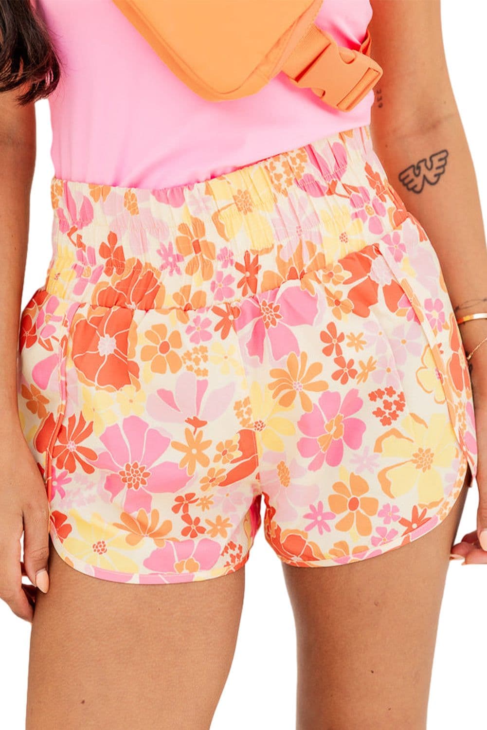 image-Pink Boho Floral Shirred High Waist Shorts