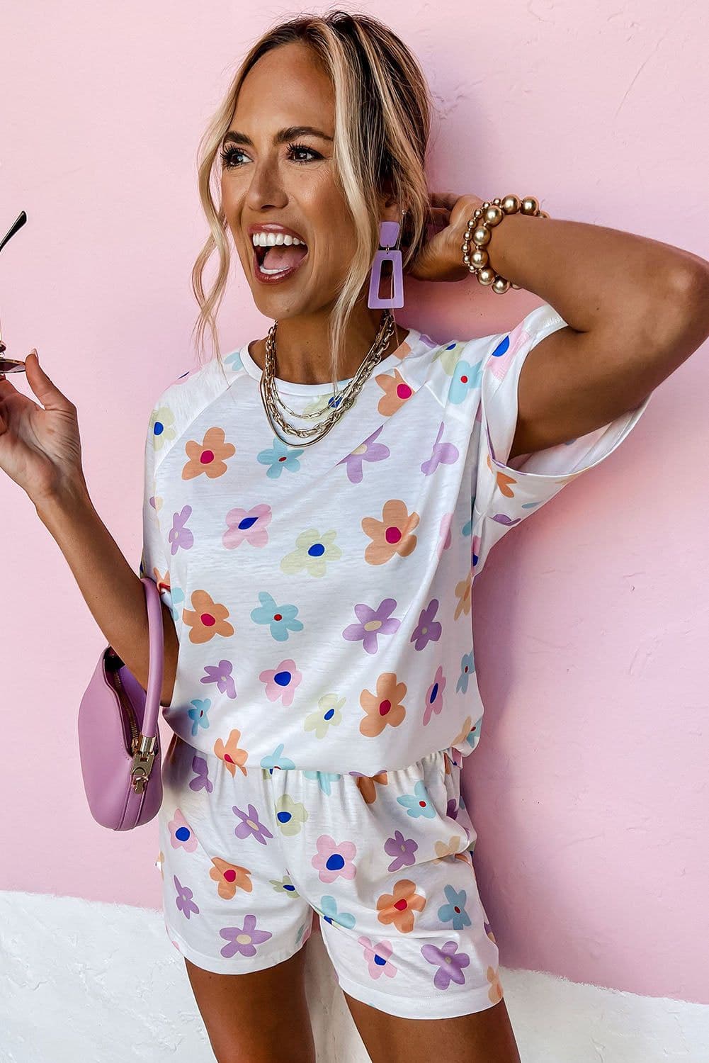 image-Pink Flower Print Short Sleeve High Waist Two Piece Shorts Set