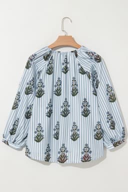image-Beau Floral Striped Long Sleeve V Neck Blouse - Blue
