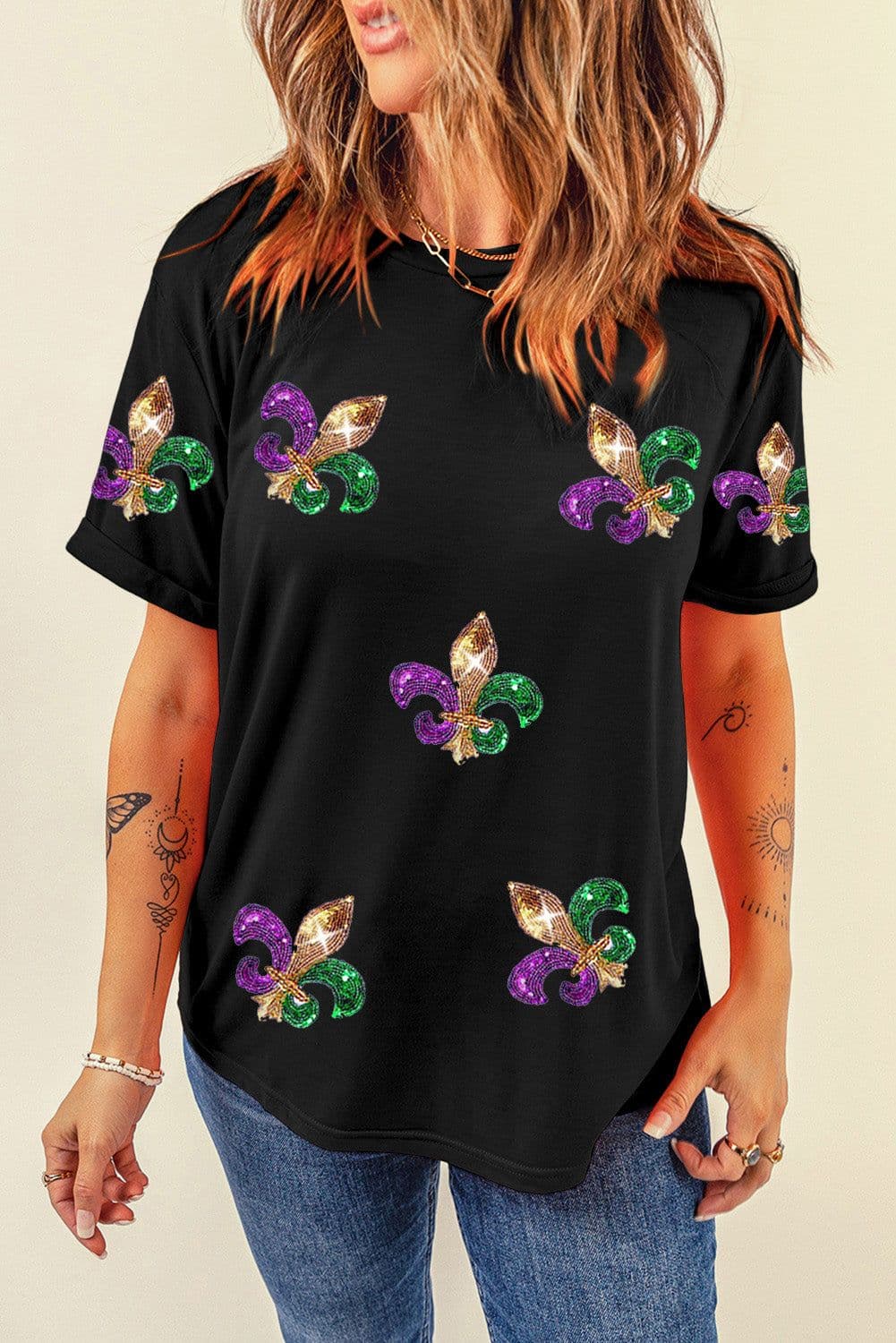 image-Mardi Gras Fleur De Lis Patched Crewneck T-Shirt Black