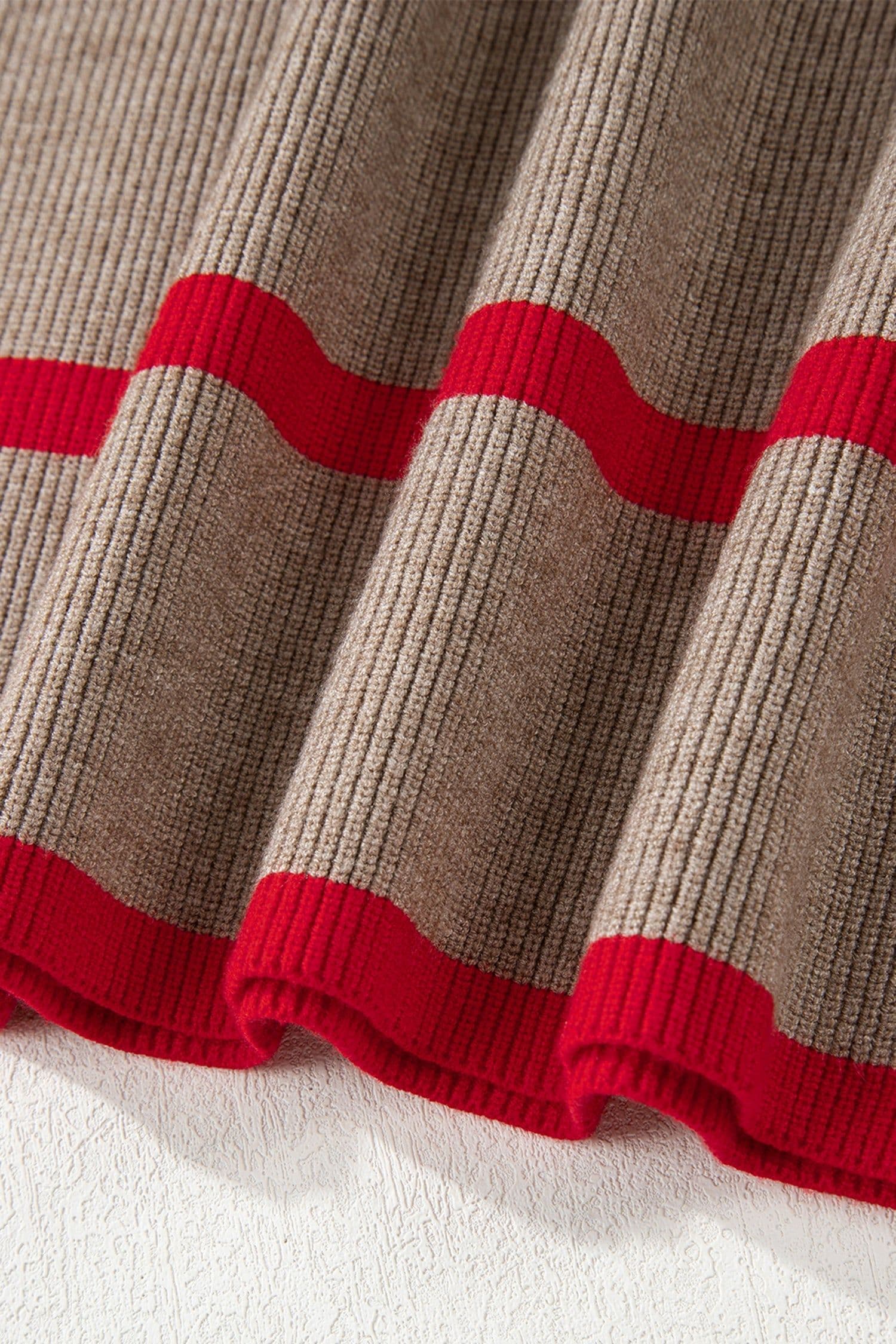 image-Simply Taupe Ribbed Knit Contrasted Stripe Detail Button Side Loose Sweater