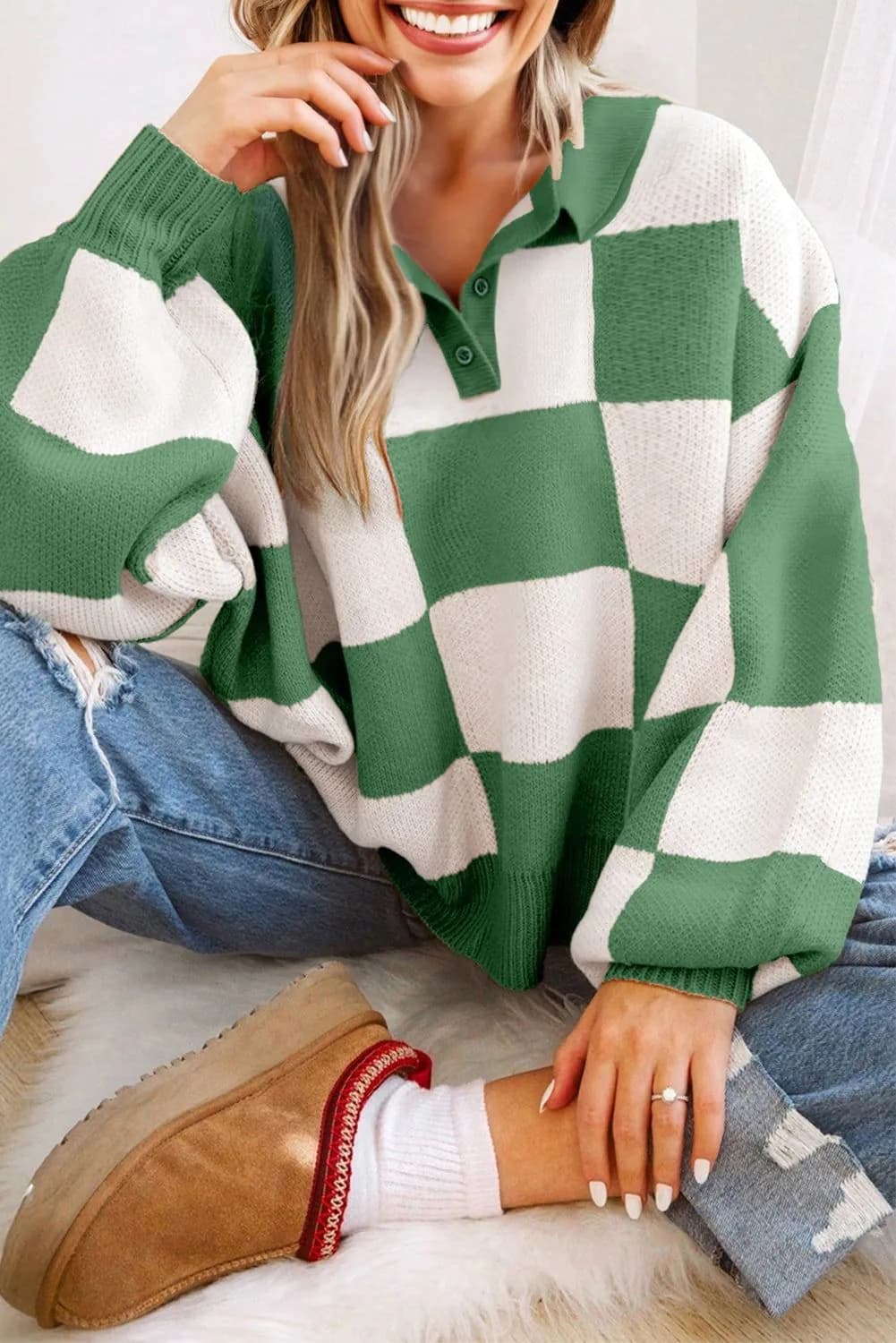 image-Mist Green Checkered Polo Collar Loose Sweater
