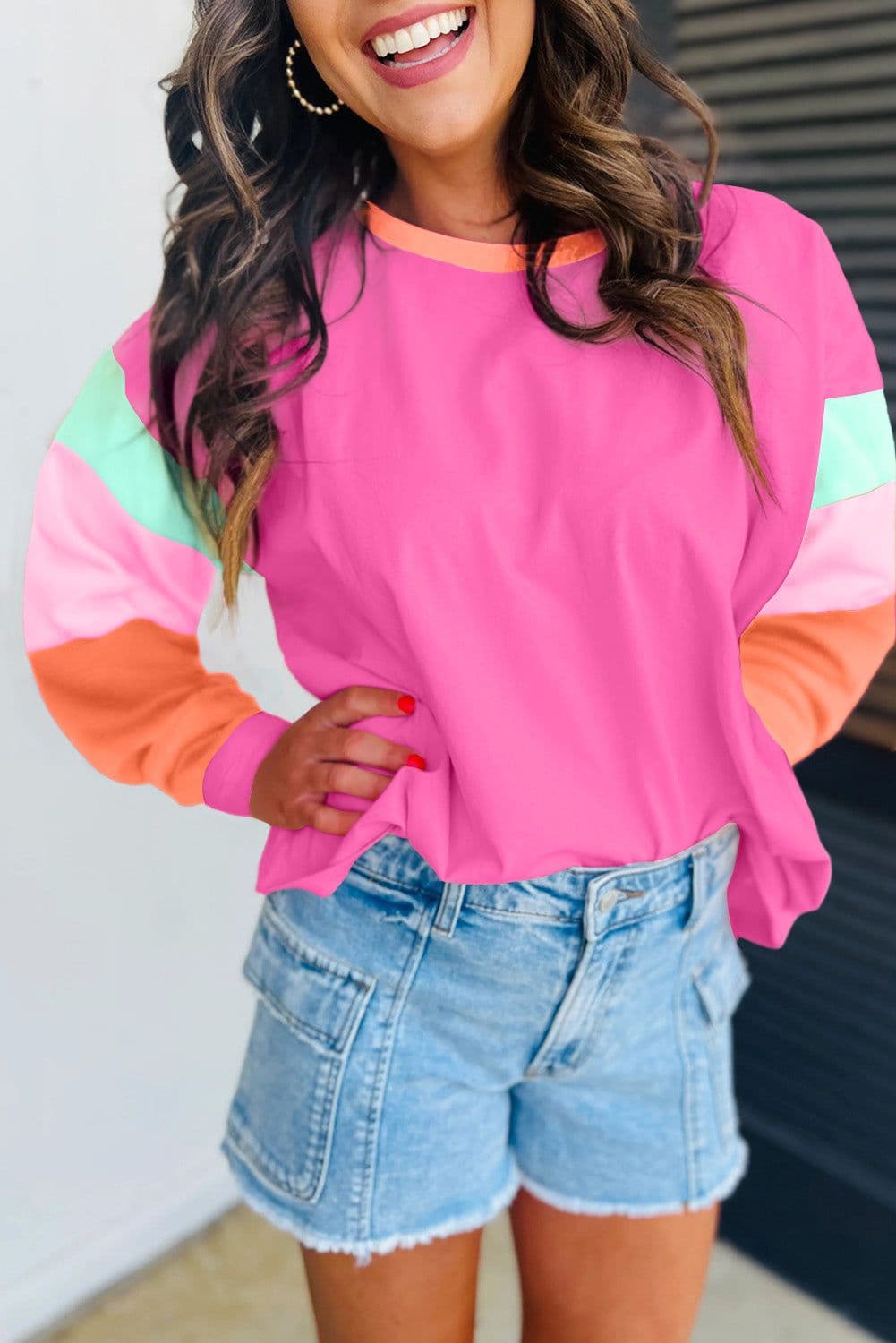 image-Dark Blue Colorblock Patchwork Long Sleeve Loose Top