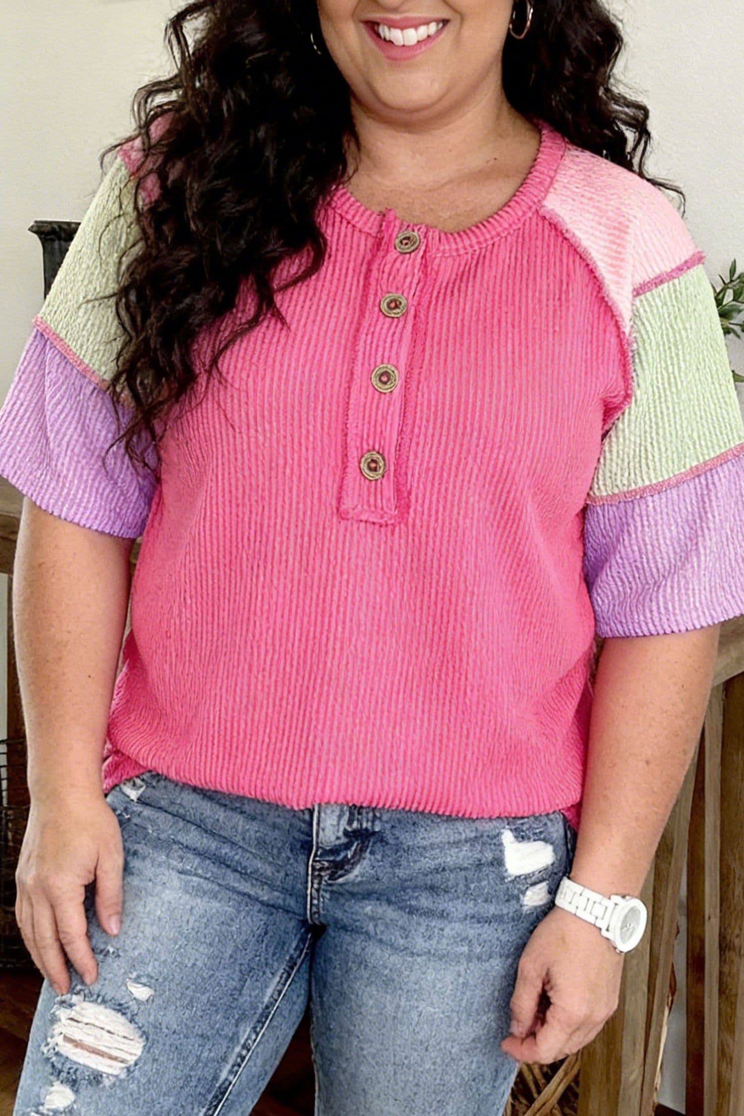 image-Plus Size Twisted Rib Color Block Henley Top - Bright Pink