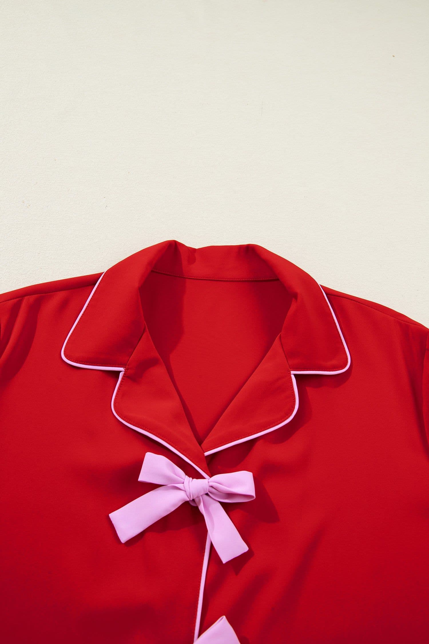 image-Fiery Red Contrast Trim Ribbon Bow Short Silky 2pcs Pajama Set