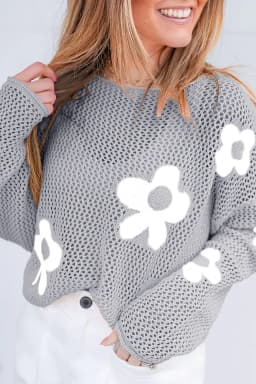 image-Light Grey Flower Hollowed Knit Sweater