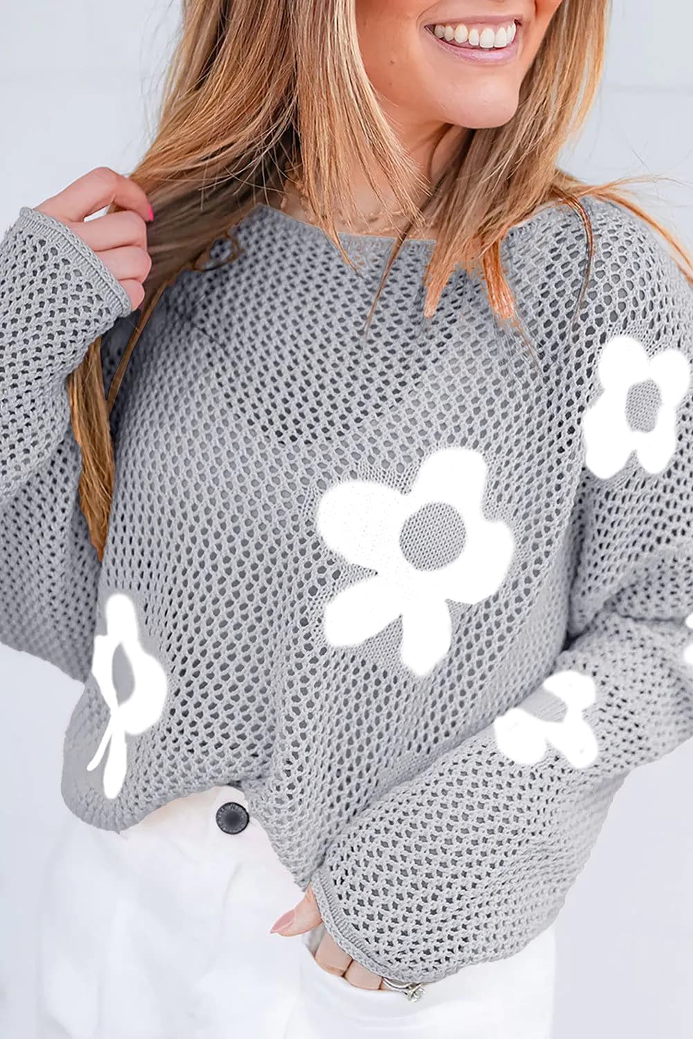 image-Light Grey Flower Hollowed Knit Sweater