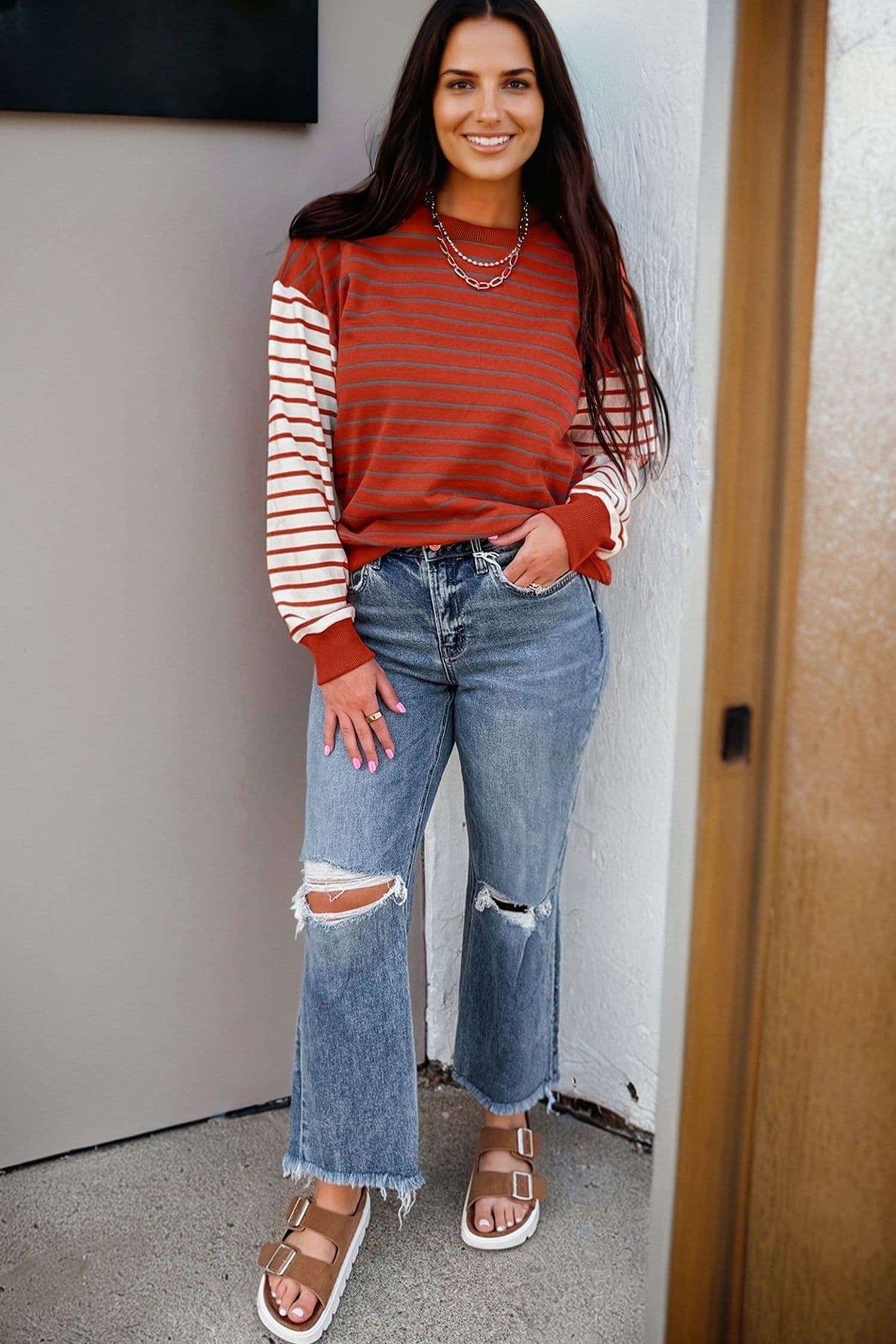 image-Orange Stripe Contrast Sleeve Patchwork Sweatshirt