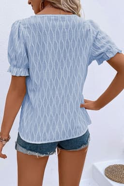 image-Beau Blue Solid Color Textured Notched Neck Puff Sleeve Blouse