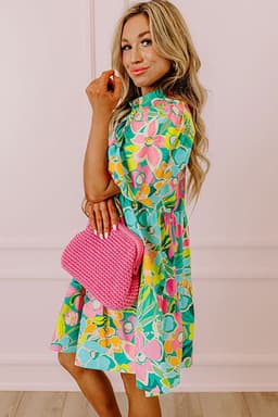 image-Green Floral Puff Sleeve Collar Buttoned Babydoll Dress