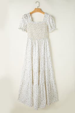 image-White Floral Maxi Dress Shirred Bodice Tiered