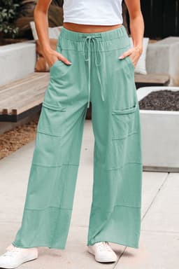 image-Smoke Gray Mineral Wash Exposed Seam Drawstring Elastic Waistband Wide Leg Cargo Pants