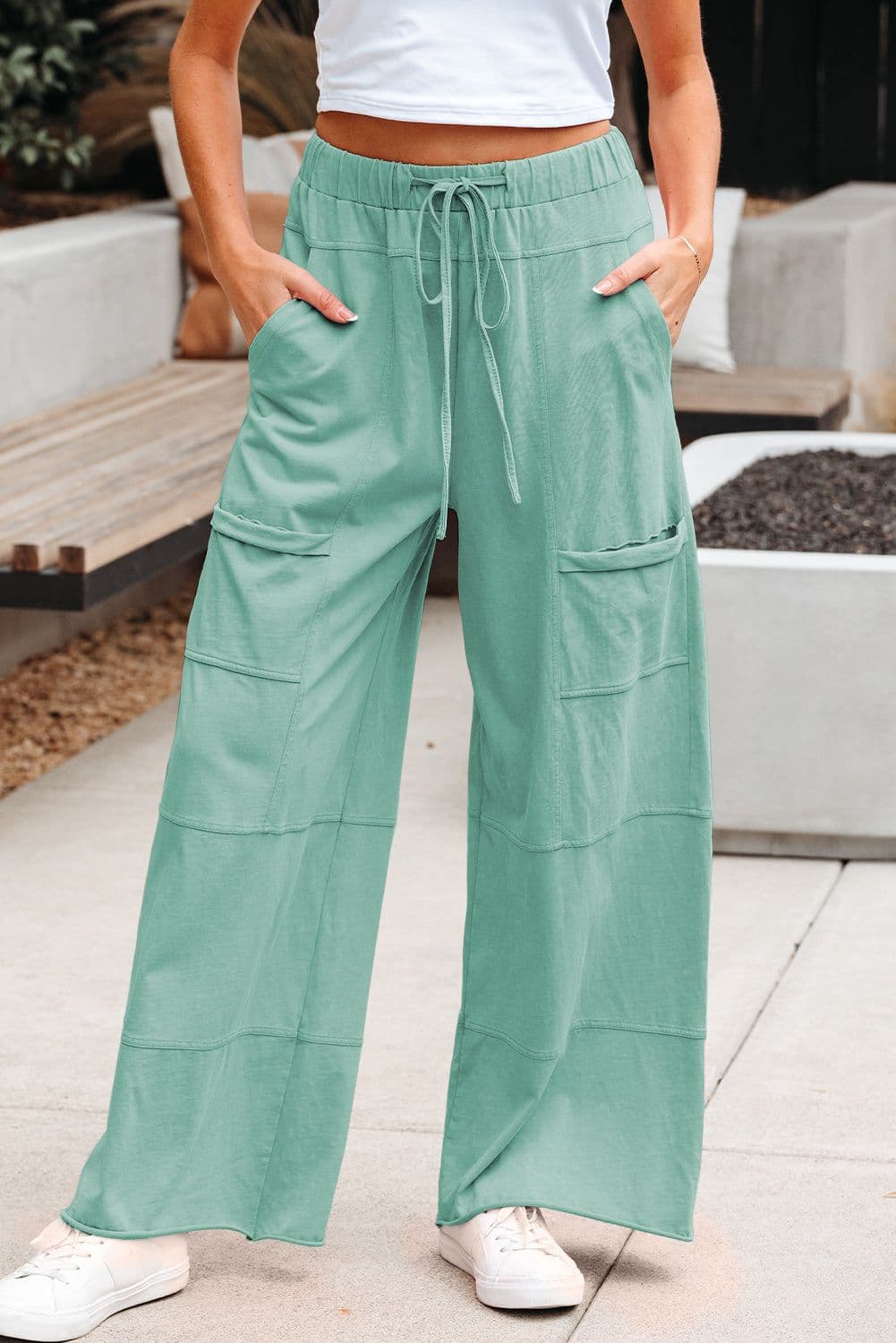 image-Smoke Gray Mineral Wash Exposed Seam Drawstring Elastic Waistband Wide Leg Cargo Pants