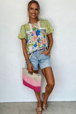 image-Green Bubble Sleeve Lace Trim Floral Blouse