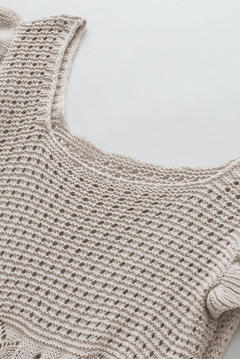 image-Beige Pointelle Knit Flutter Sleeve Sweater - Versatile & Chic