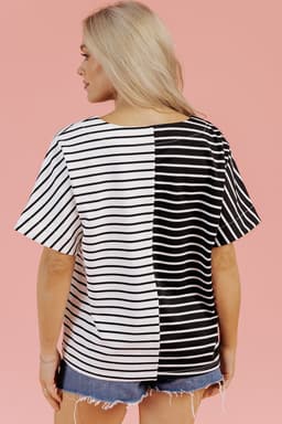 image-Black Stripe Two Tone Colorblock V Neck T Shirt