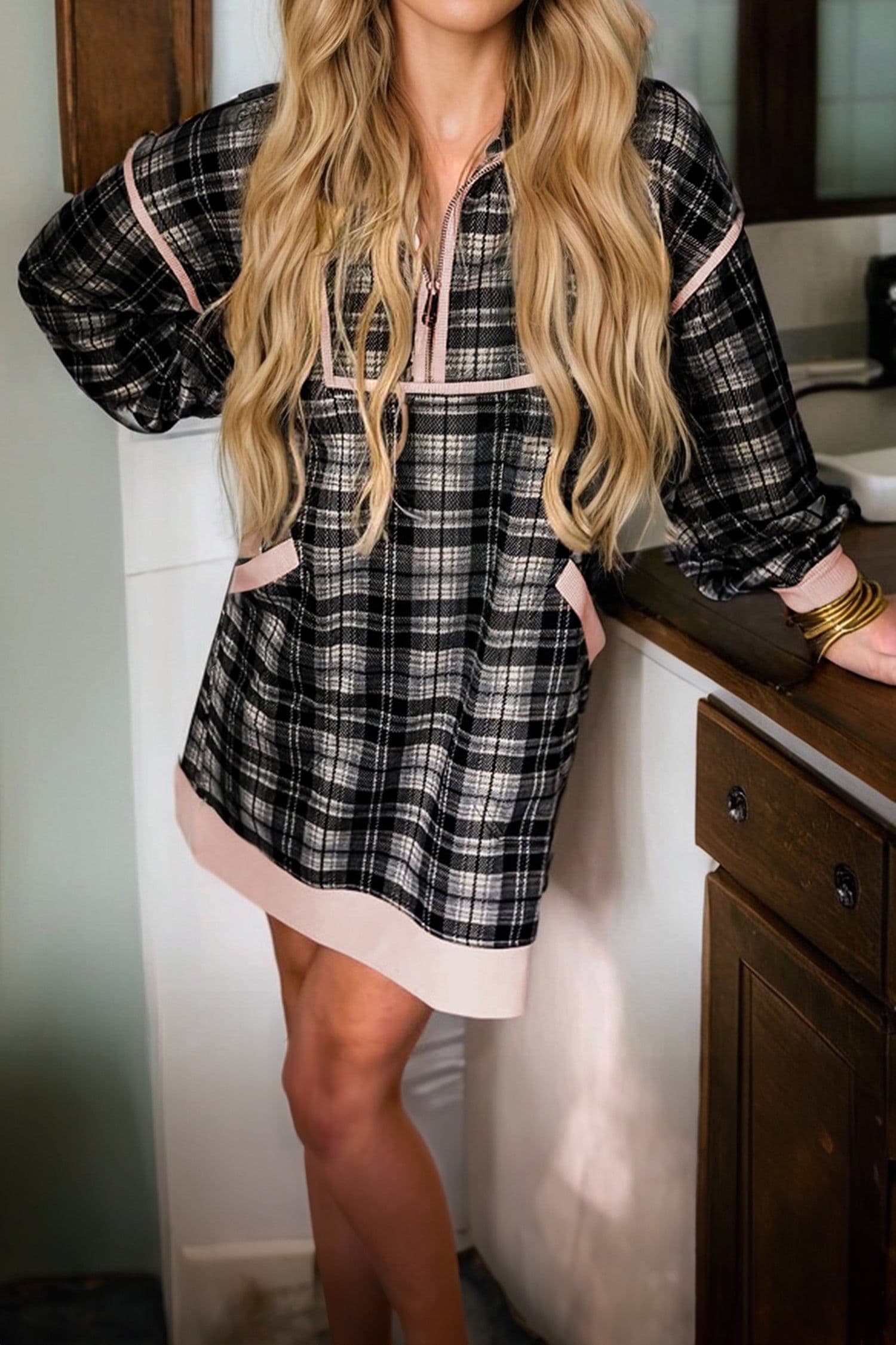 image-Black Plaid Polo Collar Zip up Contrast Trim Shift Long Sleeve Mini Dress