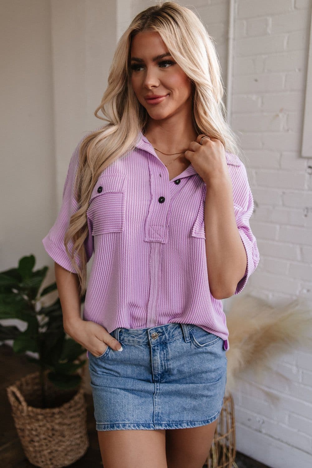 image-Orchid Bouquet Corded Flap Pocket Collared Blouse