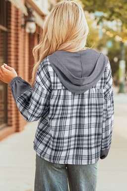 image-Gray Plaid Patchwork Hooded Long Sleeve Blouse