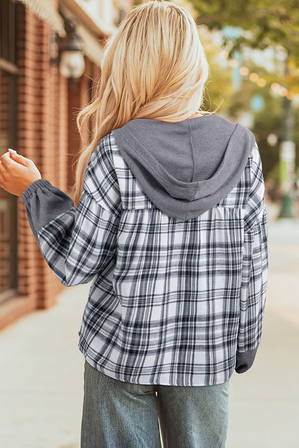 image-Gray Plaid Patchwork Hooded Long Sleeve Blouse