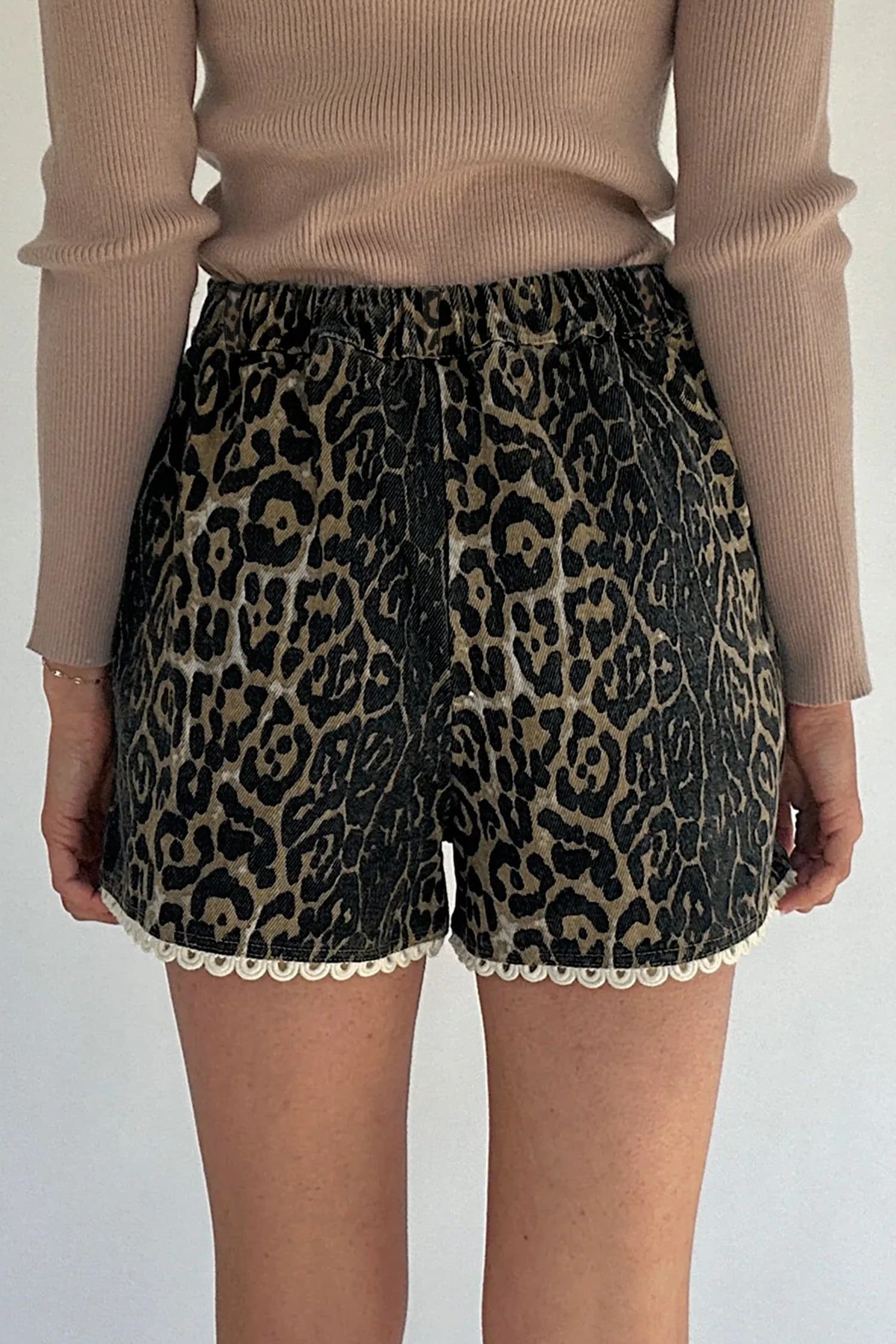 image-Khaki Contrast Scalloped Lace Trim Leopard Denim Shorts