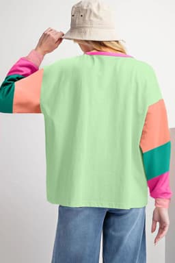 image-Dark Blue Colorblock Patchwork Long Sleeve Loose Top