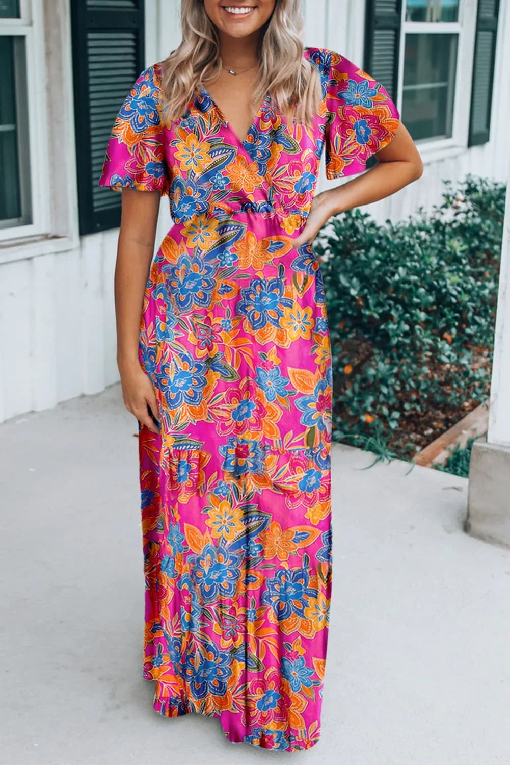 image-Rose Wrap V Neck Floral Maxi Dress