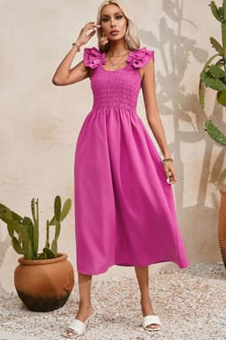 image-Rose Red Maxi Dress - Ruffled Straps, Smocked Ruched, Sizes S-XL