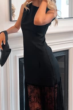 image-Black Solid Color Sleeveless Sheer Floral Lace Patchwork Long Dress