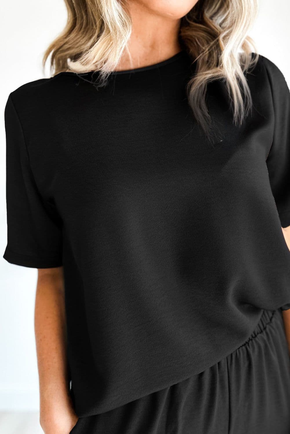 image-Solid Color T-Shirt & Wide Leg Pants Set - 2pcs - Comfortable Fabric